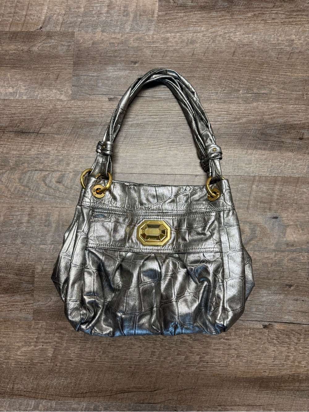Silver leather B. Makowsky croc-embossed hobo bag with gold hardware